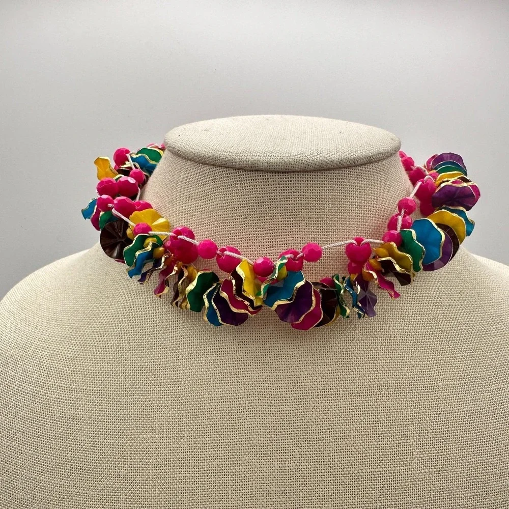 Vintage Multicolor Cluster Choker Necklace Pink Wavy Disc Beads Retro 80s Boho‎